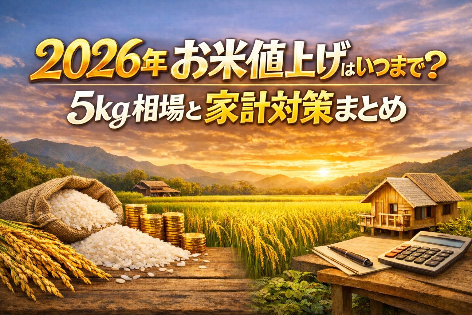 2026年のお米値上げと5kg相場、家計対策をテーマにした横長バナー。夕焼けの田んぼを背景に、米袋、積み上がったコイン、電卓、ノートが配置され、「2026年お米値上げはいつまで？5kg相場と家計対策まとめ」と大きく表示されている。