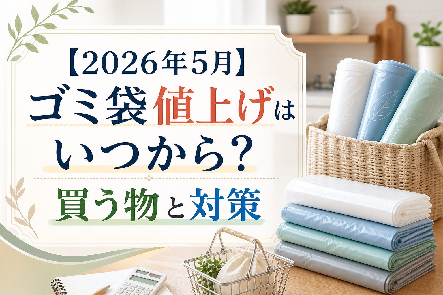 2026年5月のゴミ袋値上げについて、いつから上がるのか、買う物と対策を大きな文字で示した横長バナー画像。家庭用ゴミ袋、買い物かご、電卓、ノートが配置され、家計管理や値上げ対策をイメージしている。
