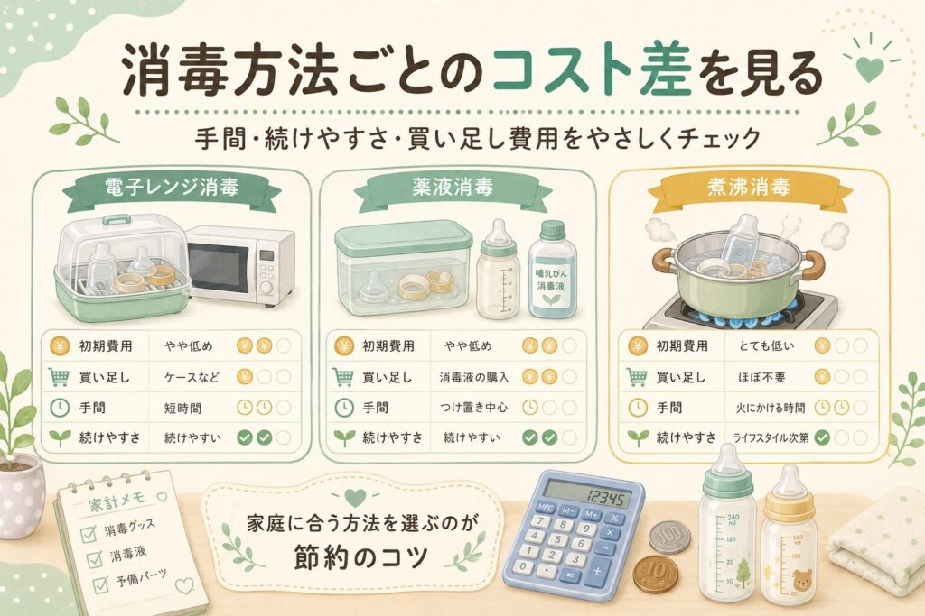 哺乳瓶の消毒方法ごとのコストや手間の違いを比較したイメージ