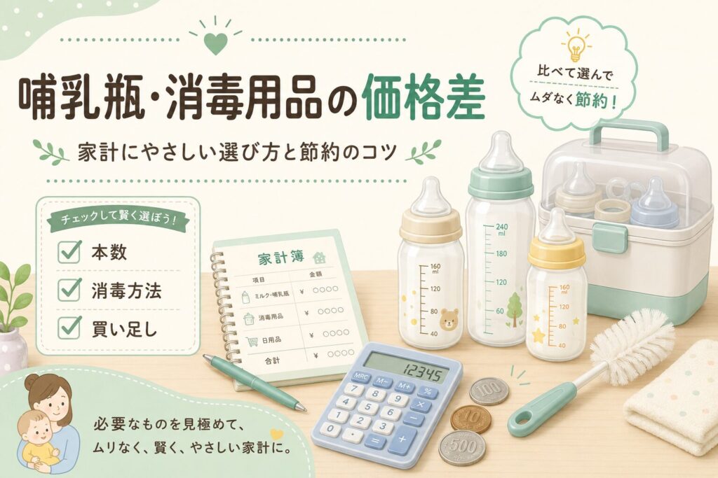 2026年の哺乳瓶・消毒用品の価格差と家計にやさしい選び方を表したイメージ