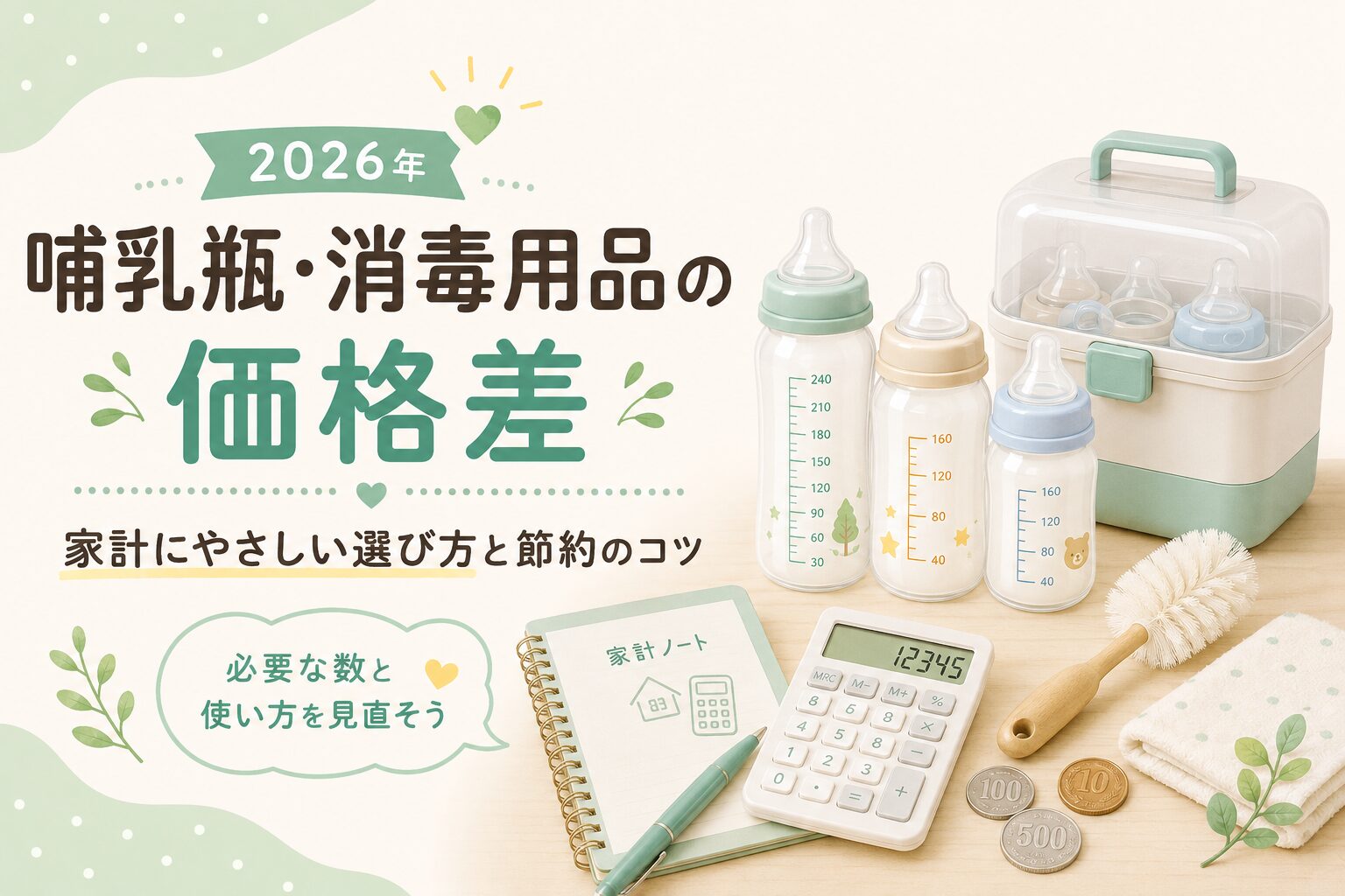 2026年の哺乳瓶・消毒用品の価格差と、家計にやさしい選び方や節約のコツを表したアイキャッチ画像