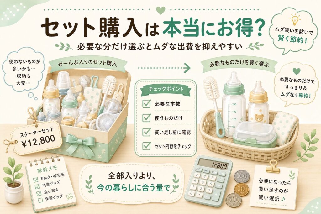 哺乳瓶や消毒用品のセット購入と必要なものだけ選ぶ買い方を比較したイメージ