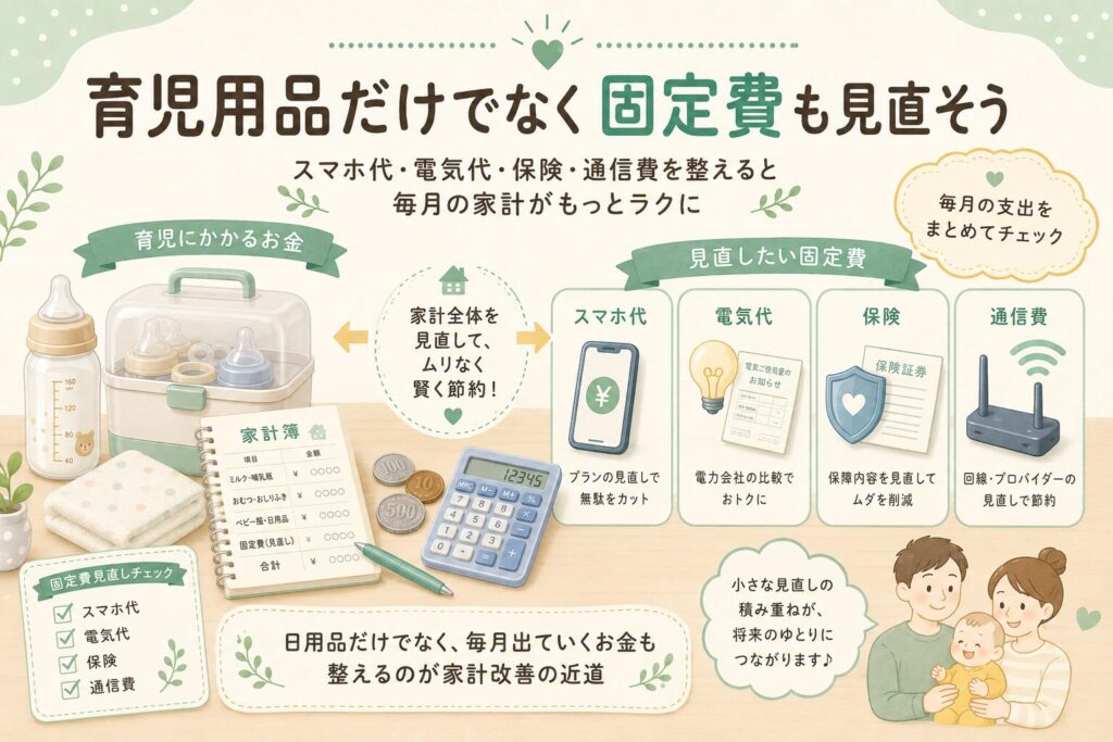 育児用品と固定費を一緒に見直して家計負担を軽くするイメージ