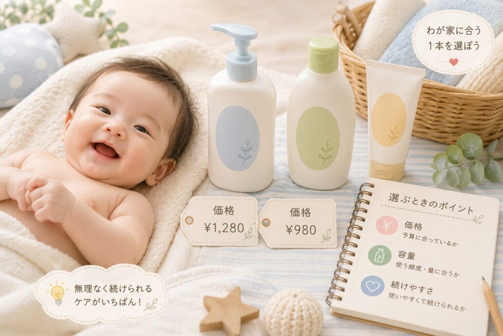 保湿剤・ベビーローションを価格や容量、続けやすさで比較しながら選ぶ赤ちゃん向けスキンケア用品のイメージ
