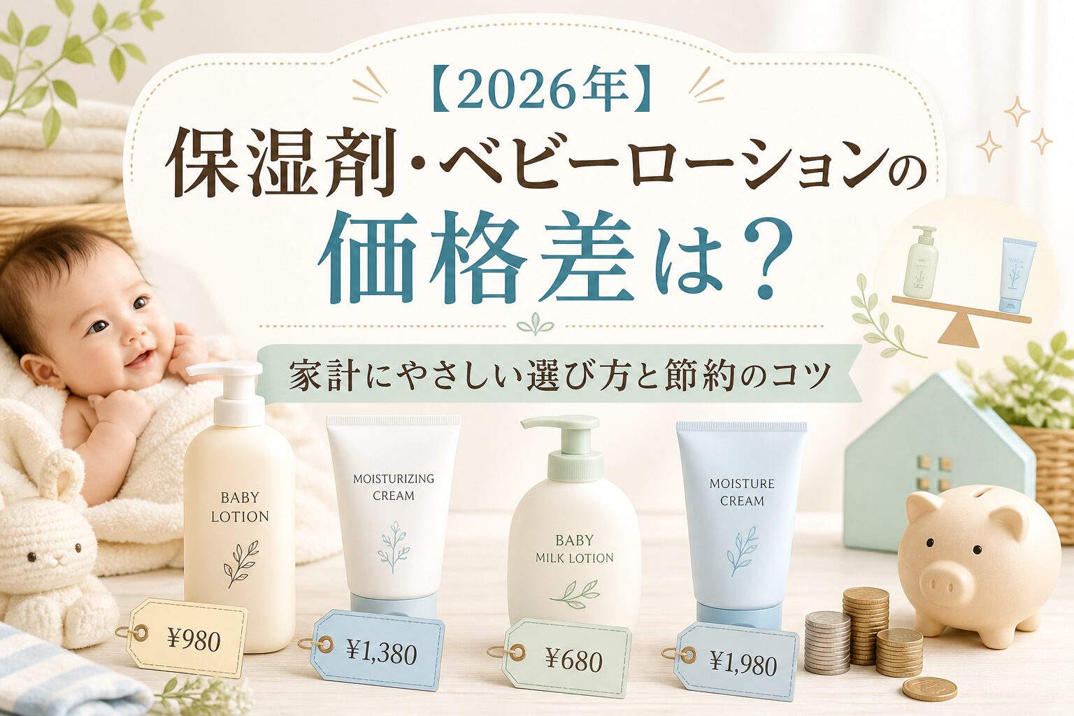 2026年の保湿剤・ベビーローションの価格差と家計にやさしい選び方を紹介するアイキャッチ画像