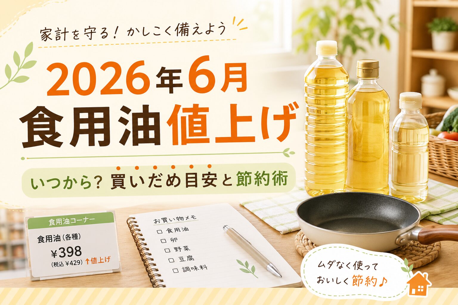 2026年6月の食用油値上げについて、買いだめ目安と節約術を伝えるキッチン風景のアイキャッチ画像
