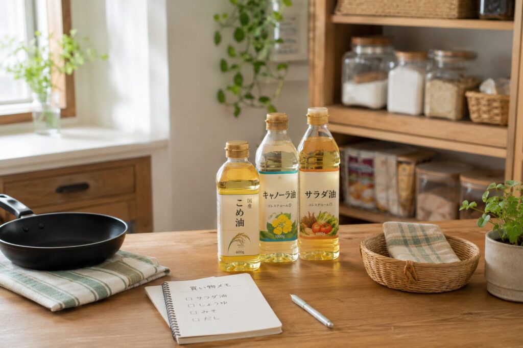 キッチンのテーブルに食用油3本、フライパン、買い物メモを置き、食用油の買いだめ目安をイメージした本文用画像