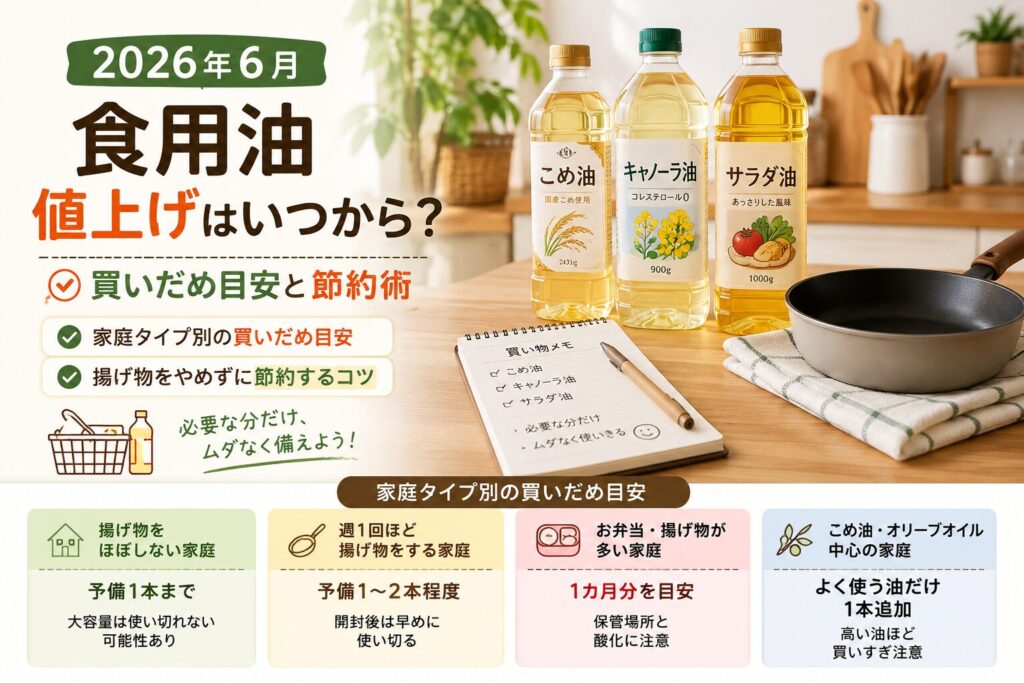 2026年6月の食用油値上げについて、家庭タイプ別の買いだめ目安と節約術をまとめたキッチン風の本文用画像
