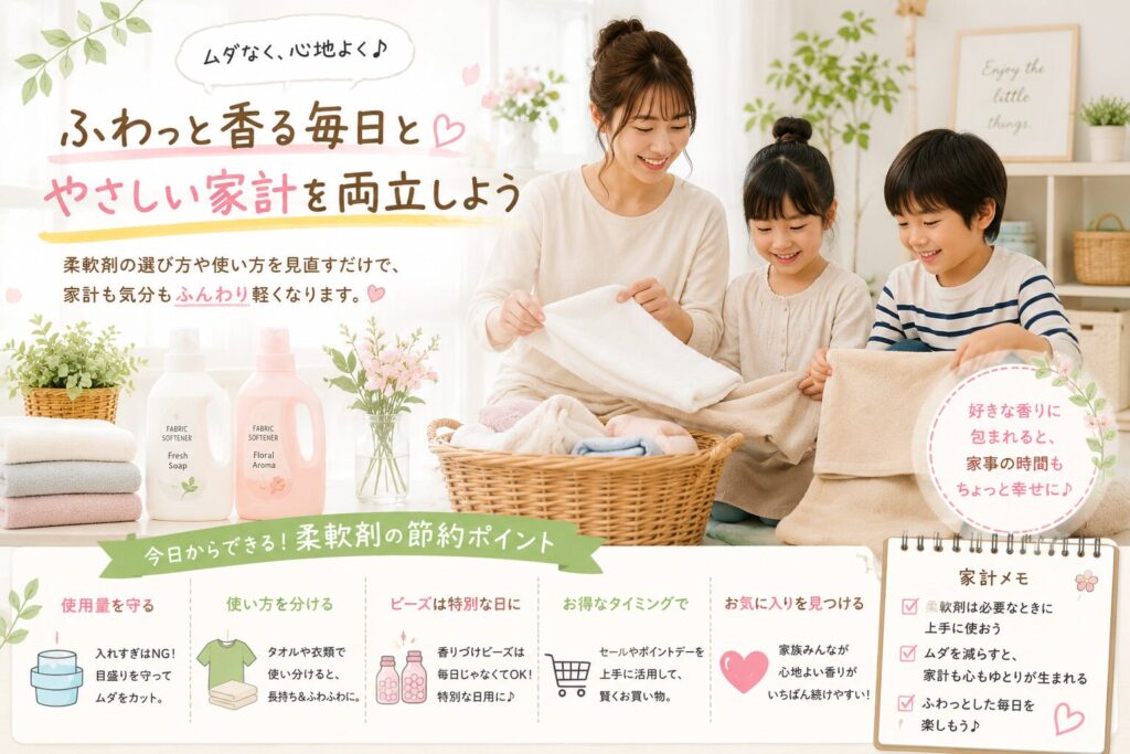 洗濯物を家族でたたみながら、柔軟剤の香りと節約を楽しむ明るい暮らしのイメージ