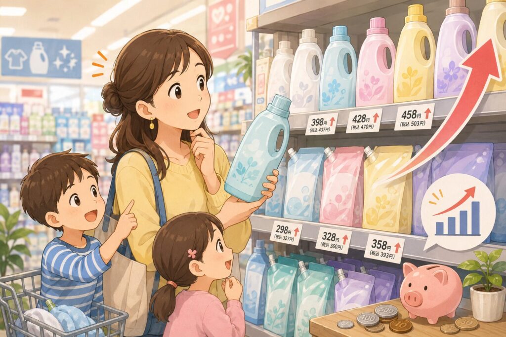 柔軟剤売り場で価格を見ながら商品を選ぶ親子と、値上がりを示す矢印や貯金箱を描いた節約イメージ