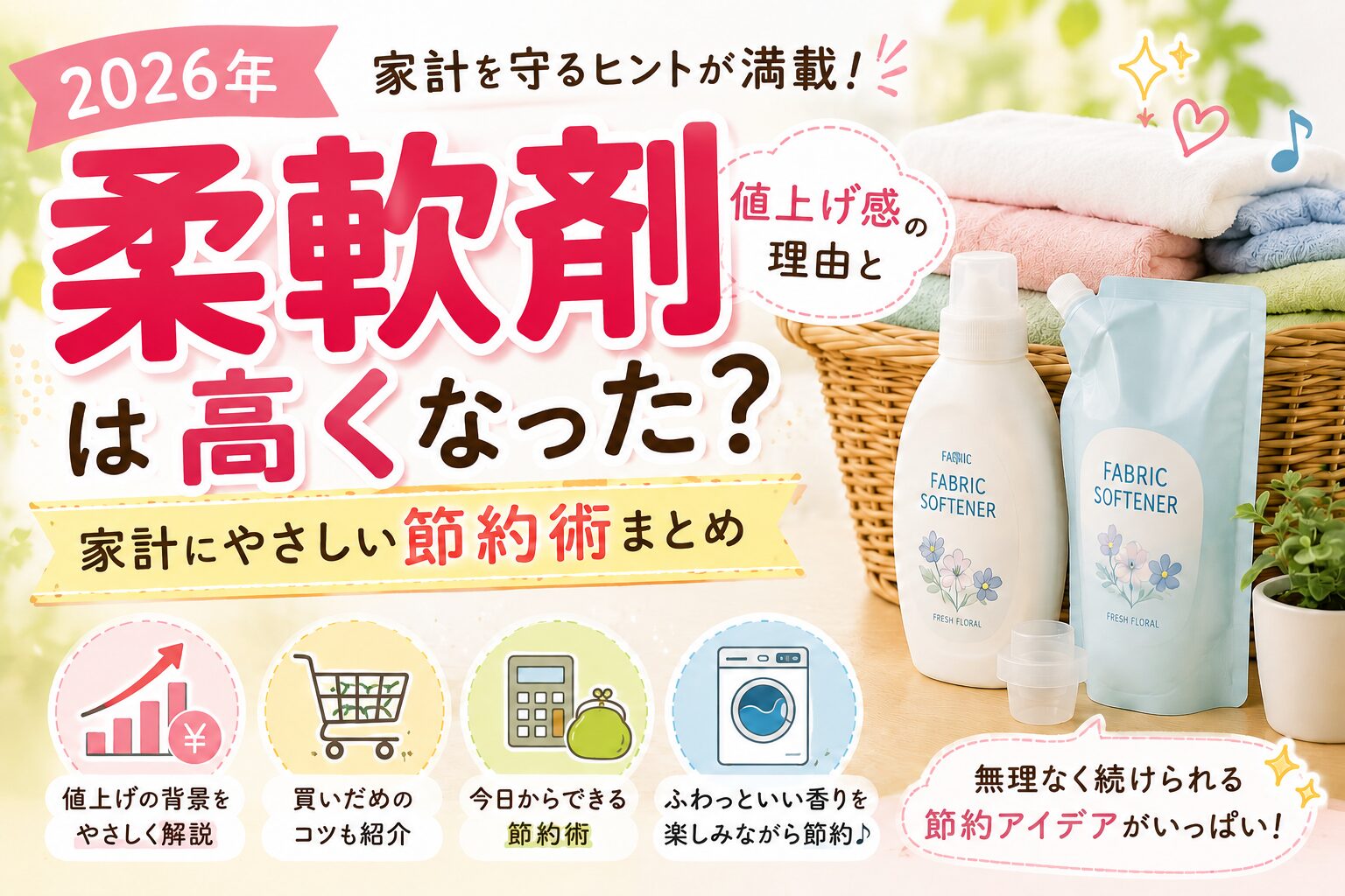 柔軟剤は高くなった？という文字と、柔軟剤ボトル・タオル・洗濯かご・節約アイコンを配置した家計節約イメージ