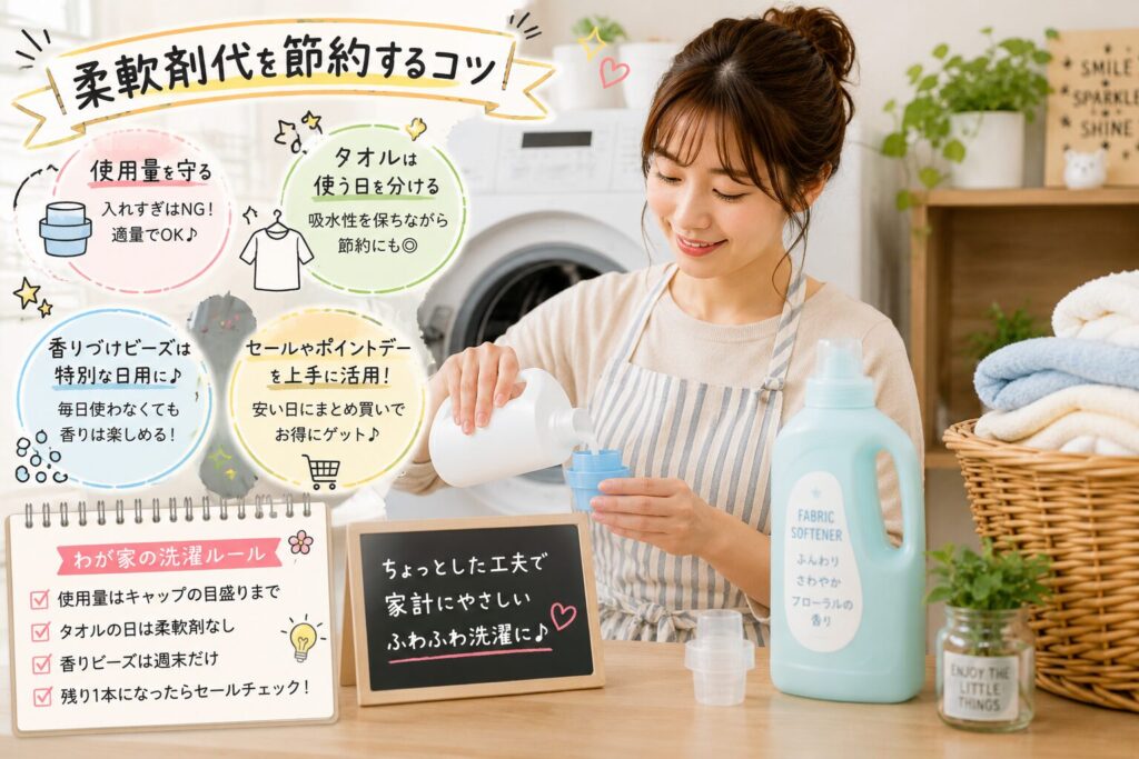 柔軟剤の使用量を量りながら、洗濯まわりの節約ルールを確認する女性のイメージ