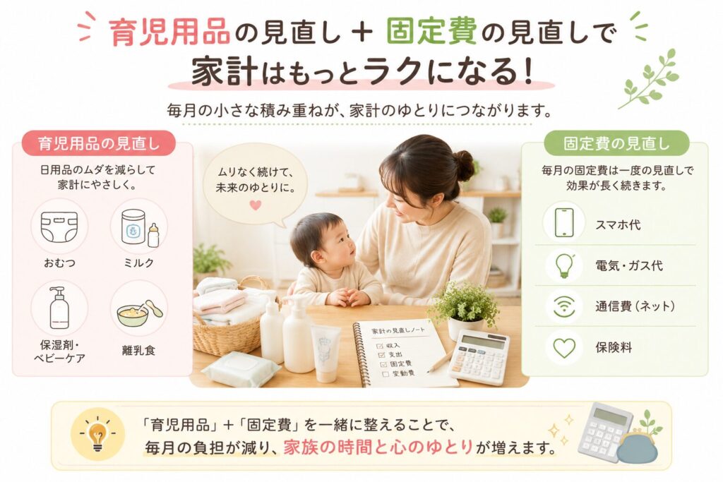 ベビー用品の見直しだけでなく、スマホ代・保険・電気代・通信費などの固定費も見直して家計をラクにするポイントを表したイメージ画像