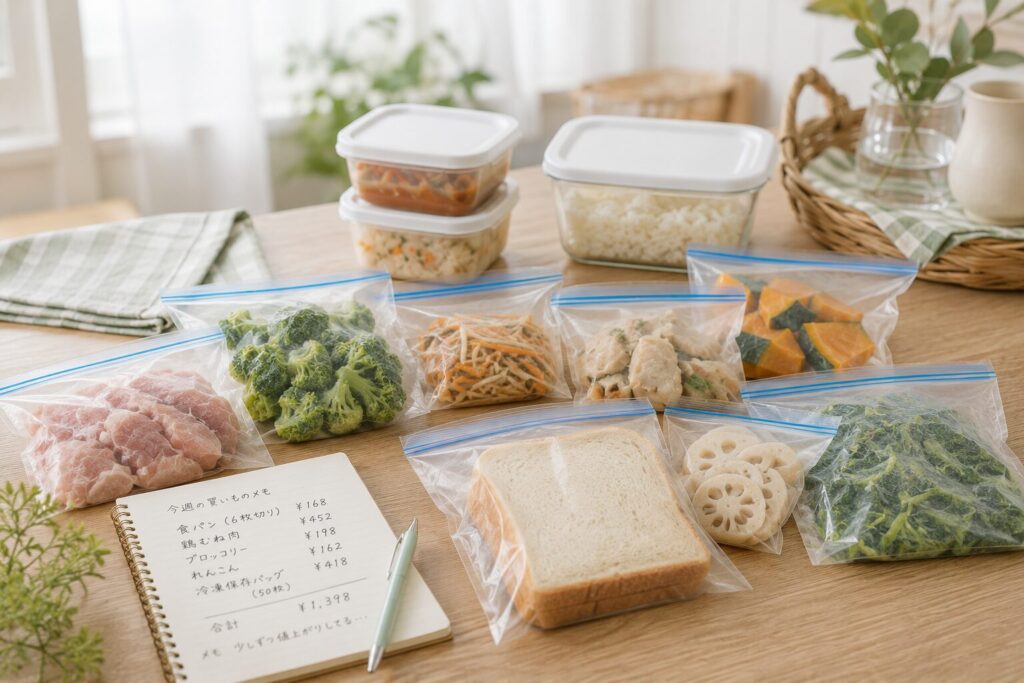 フリーザーバッグに小分けされた肉や野菜、パン、保存容器、買い物メモが並ぶキッチン風景。冷凍保存袋の値上げによる家計への影響をイメージした画像。