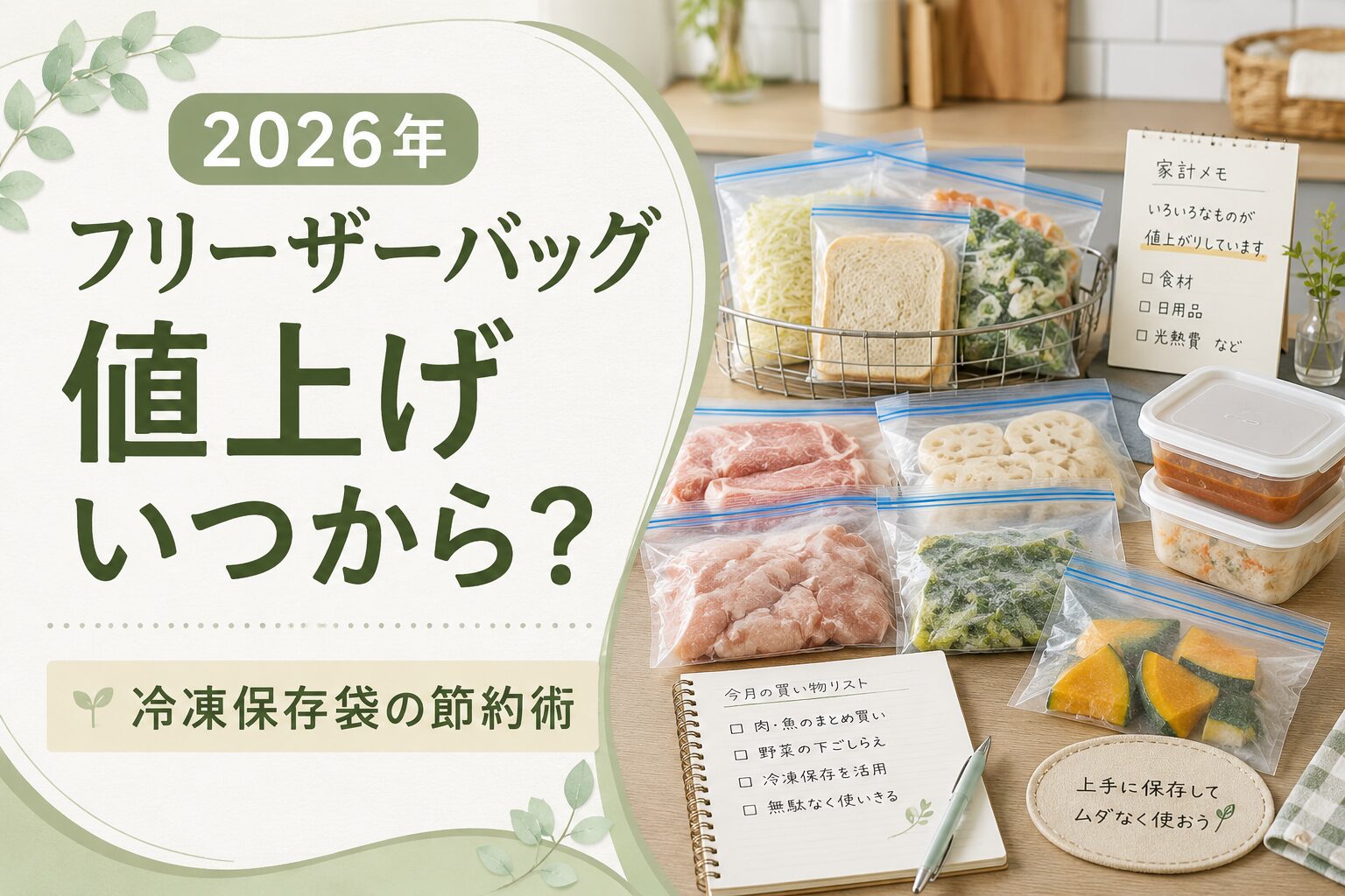 2026年のフリーザーバッグ値上げと冷凍保存袋の節約術を紹介するアイキャッチ画像。冷凍保存袋に入った肉や野菜、保存容器、家計メモが並んでいる。