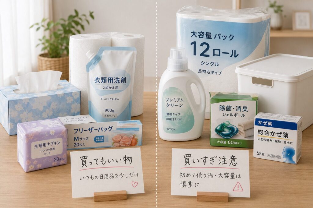 2026年6月の日用品値上げ対策として、買ってもいい日用品と買いすぎ注意の日用品を左右で比較した本文用画像