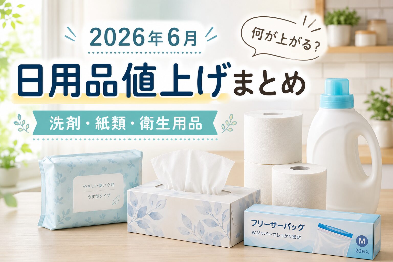 2026年6月の日用品値上げまとめをテーマに、洗剤・紙類・衛生用品・フリーザーバッグなどを並べた家計対策向けのアイキャッチ画像