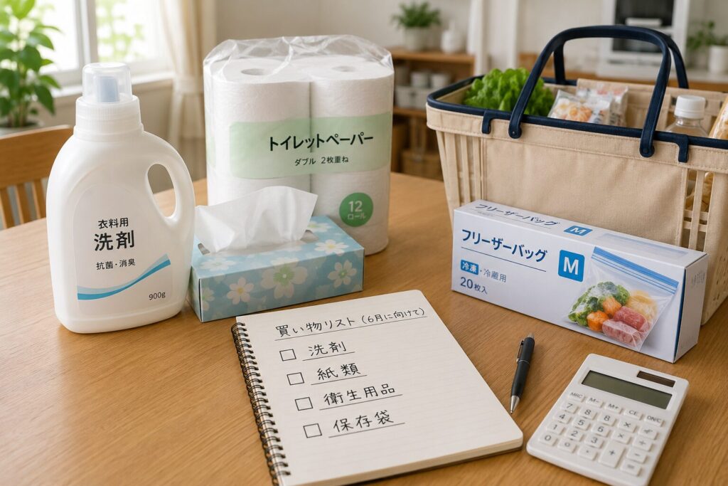 2026年6月の日用品値上げ対策として、洗剤・紙類・衛生用品・保存袋を買い物リストで確認する家庭のテーブル風景