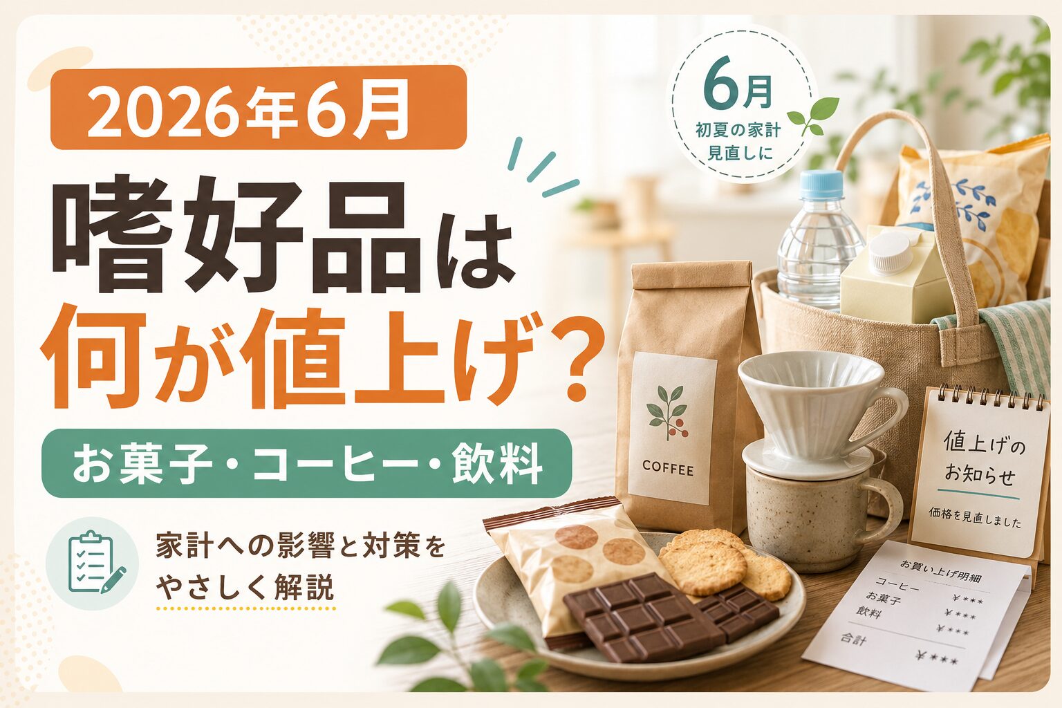 2026年6月の嗜好品値上げをテーマに、お菓子・コーヒー・飲料と家計への影響をわかりやすく表現したアイキャッチ画像