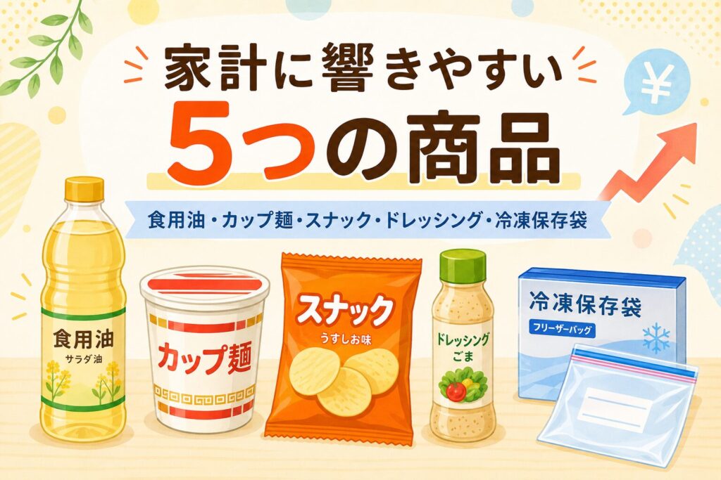2026年6月の値上げで家計に響きやすい5つの商品として、食用油、カップ麺、スナック菓子、ドレッシング、冷凍保存袋を並べた横長イラスト画像