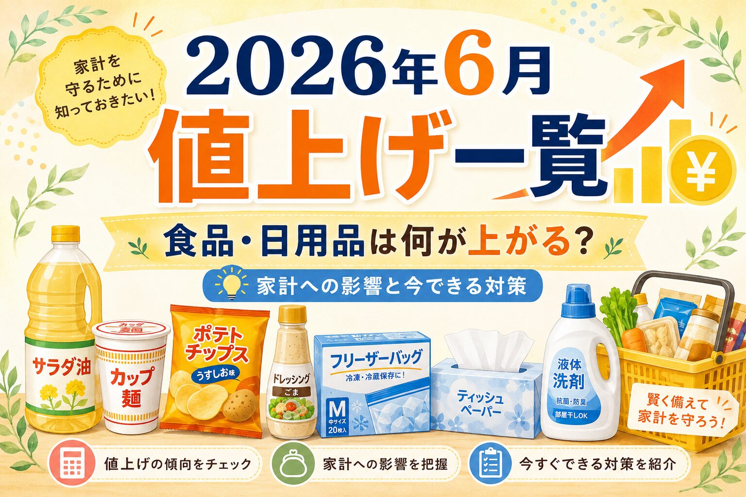 2026年6月の値上げ一覧をテーマに、食用油、カップ麺、ポテトチップス、ドレッシング、フリーザーバッグ、ティッシュ、液体洗剤などの食品・日用品が並ぶアイキャッチ画像