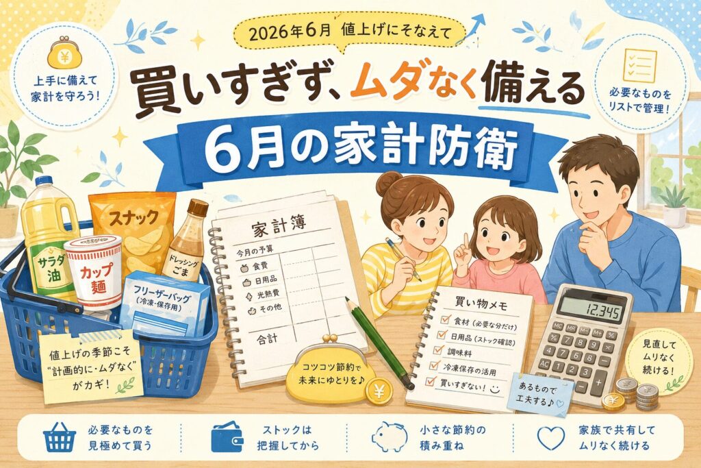 2026年6月の値上げに備えて、家計簿や買い物メモ、電卓を使いながら家族で買いすぎを防ぐ家計防衛の横長イラスト画像