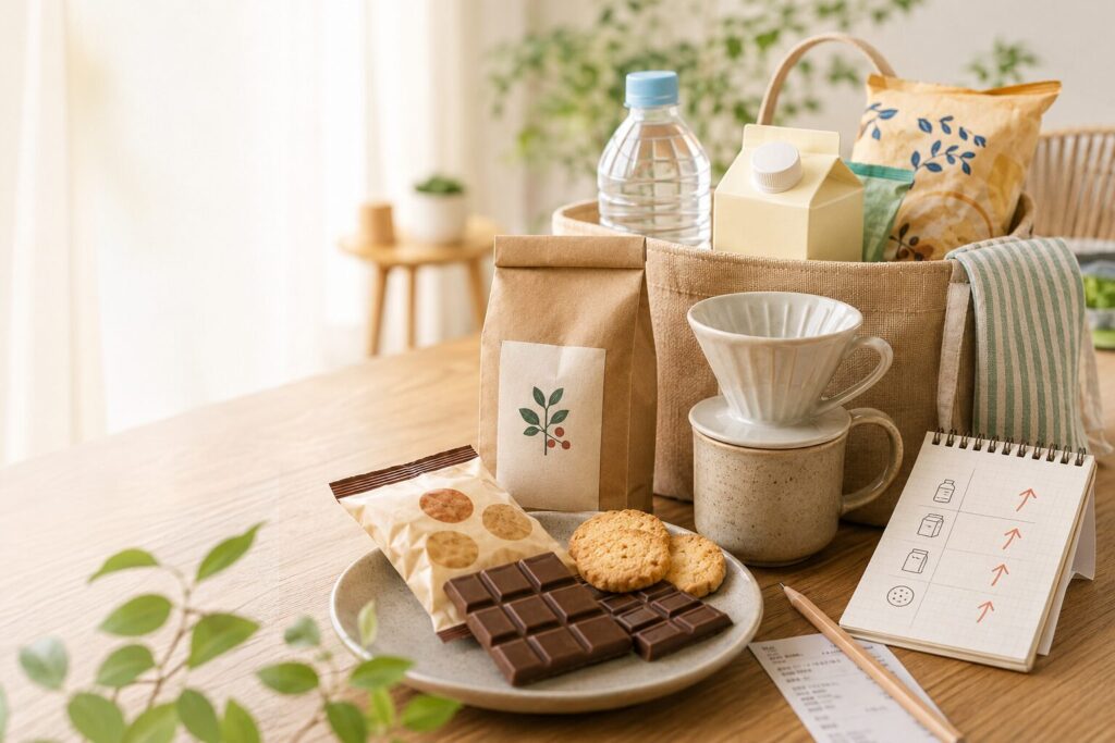 2026年6月の嗜好品値上げをイメージした、お菓子・コーヒー・飲料と家計メモが並ぶ買い物シーン