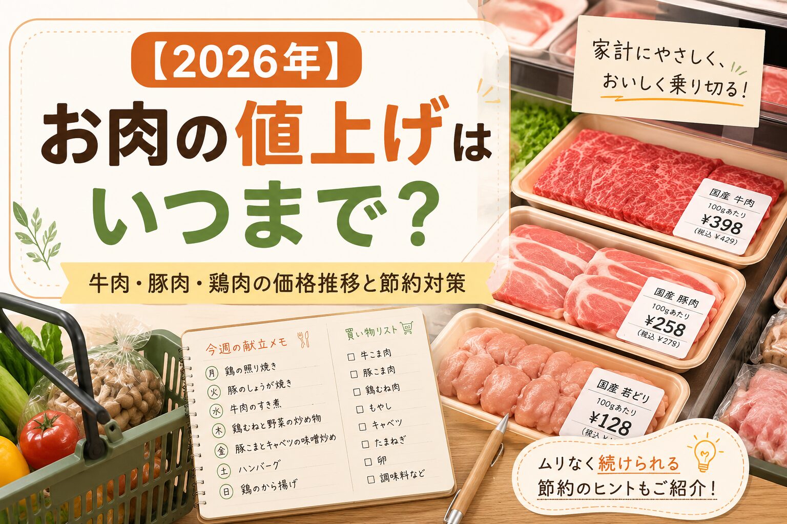 2026年のお肉値上げをテーマにしたアイキャッチ画像。スーパーの精肉売り場を背景に、牛肉・豚肉・鶏肉のパック、買い物かご、献立メモが配置され、「お肉の値上げはいつまで？」という文字が大きく入っている。