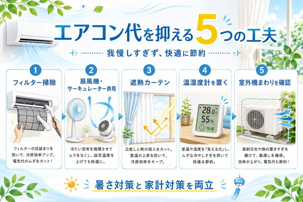 エアコン代を抑える5つの工夫として、フィルター掃除・扇風機併用・遮熱カーテン・温湿度計・室外機確認を紹介する図解