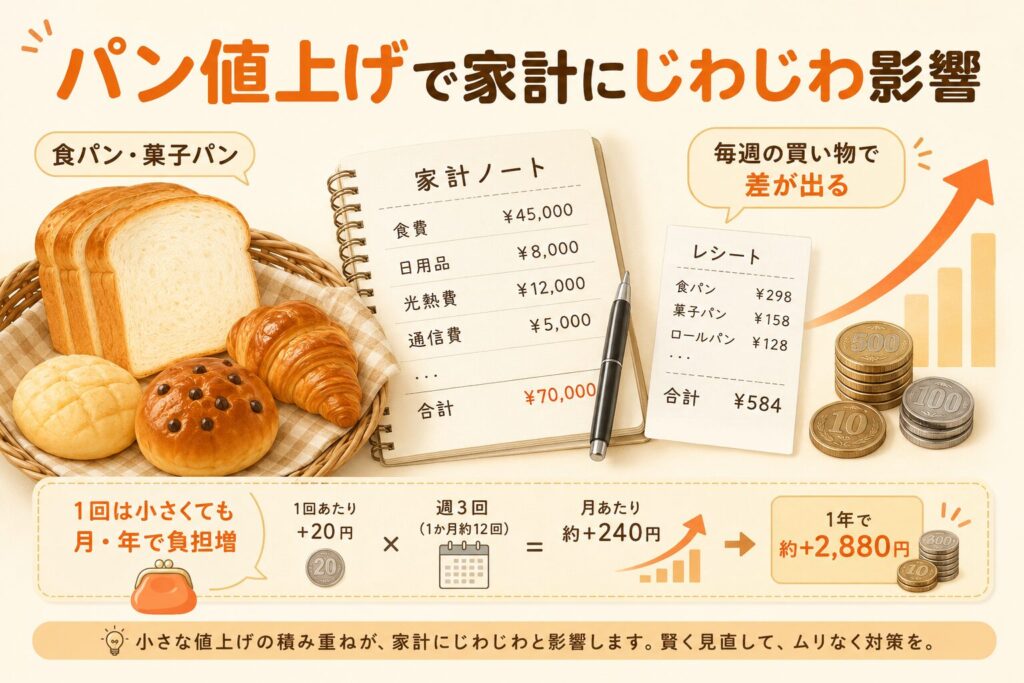 パンの値上げで家計にじわじわ影響が出る様子を、食パンや菓子パン、家計ノート、レシート、価格上昇の矢印で表した本文用画像