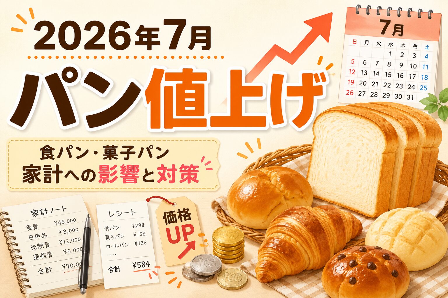 2026年7月のパン値上げをテーマに、食パンや菓子パン、家計ノート、価格上昇の矢印を描いたアイキャッチ画像