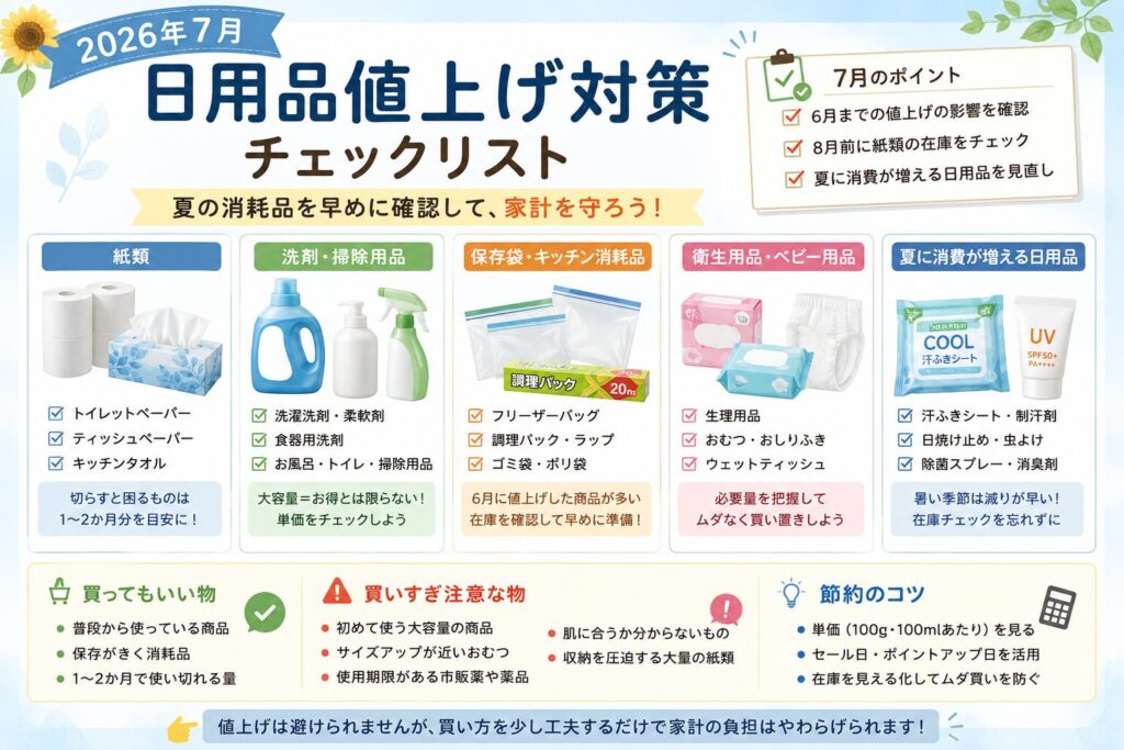 2026年7月の日用品値上げ対策として、紙類・洗剤・保存袋・衛生用品・夏の消耗品をチェックリスト形式でまとめた本文用画像
