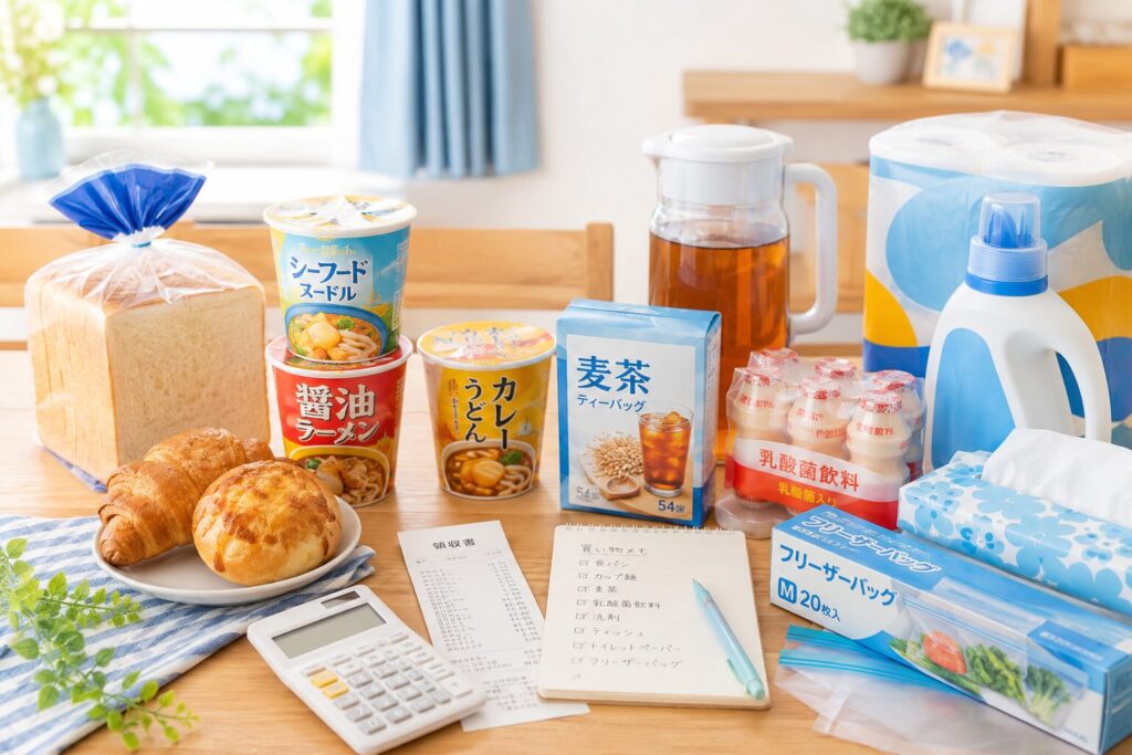 2026年7月の値上げで家計に影響しやすいパン・カップ麺・麦茶・乳酸菌飲料・日用品を買い物メモと一緒に確認する画像