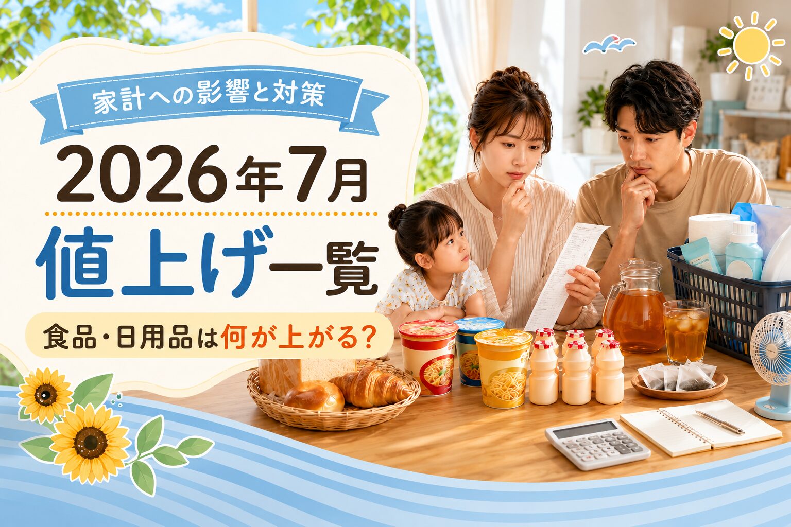 2026年7月の値上げ一覧をテーマに、パン・カップ麺・麦茶・乳酸菌飲料・日用品を前に家計への影響を考える家族の画像