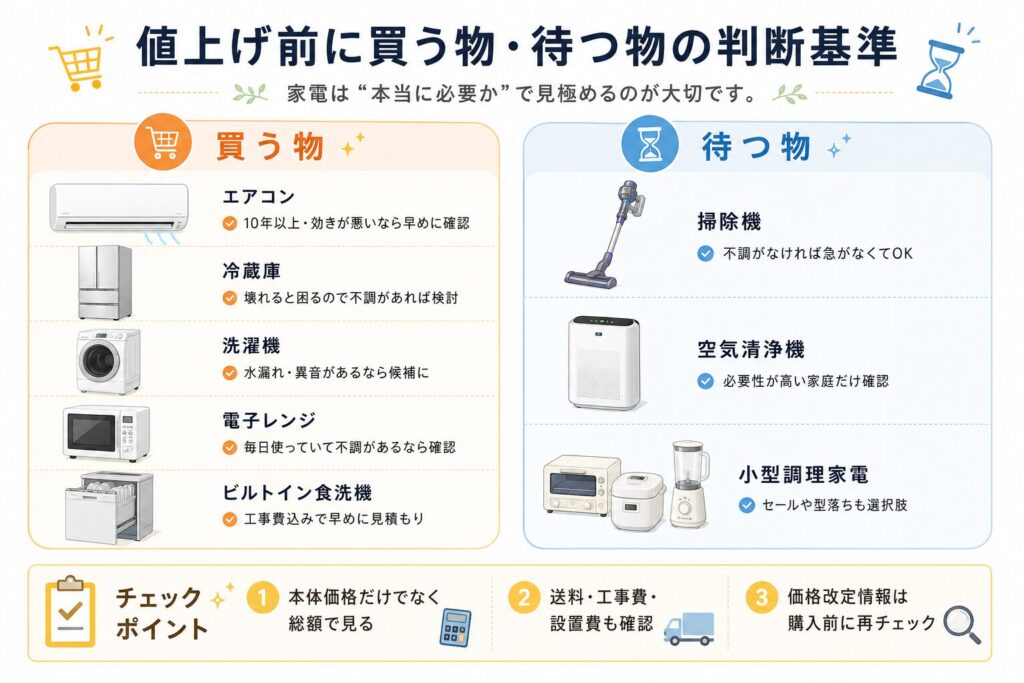 値上げ前に買う物と待つ物の判断基準をまとめた本文用画像。エアコン、冷蔵庫、洗濯機、電子レンジ、ビルトイン食洗機は買う物、掃除機、空気清浄機、小型調理家電は待つ物として整理している