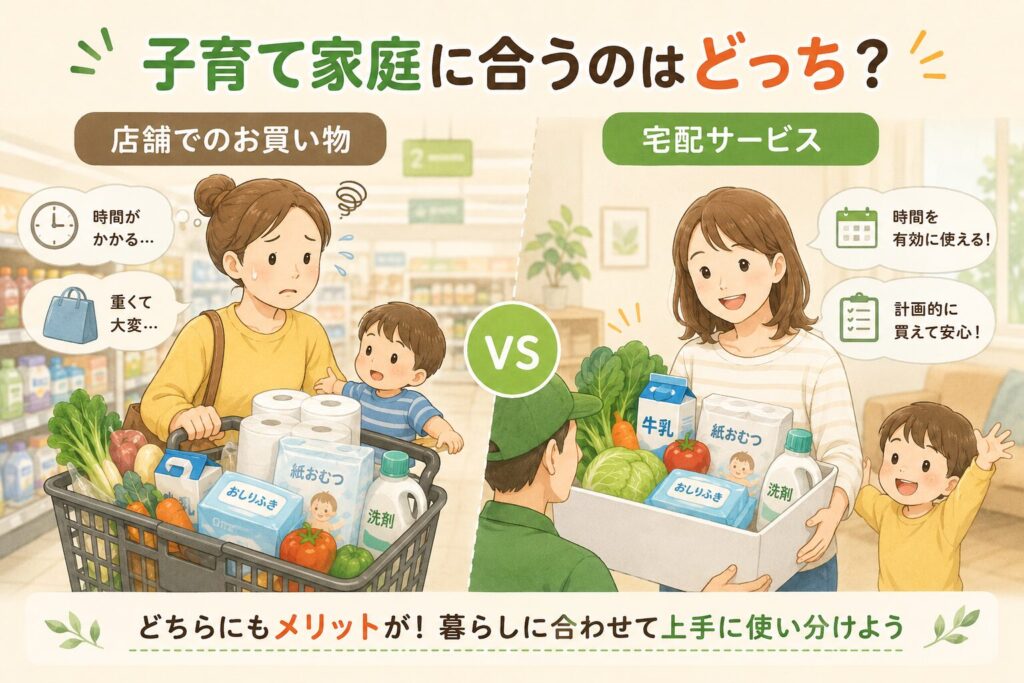 子育て家庭の買い物について、店舗での買い物と宅配サービスを比較し、時間や荷物の負担、計画的な買い物の違いを紹介するイラスト