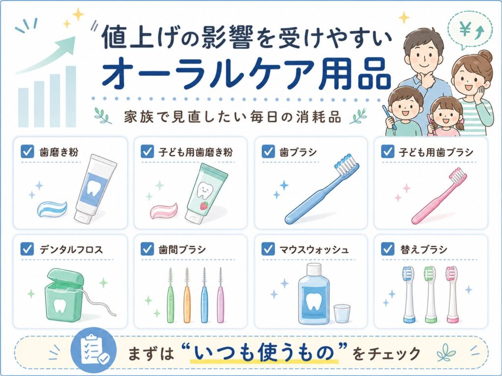 値上げの影響を受けやすい歯磨き粉・歯ブラシ・フロスなどのオーラルケア用品を見直すチェックリスト画像
