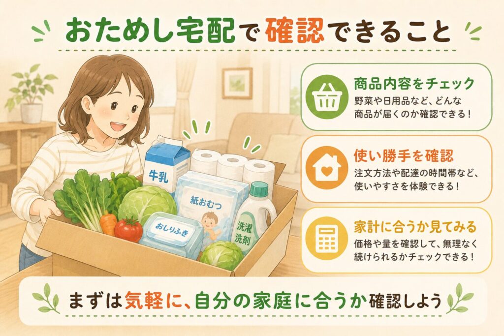 おためし宅配で届く食材・日用品・紙おむつ・おしりふきなどを確認し、子育て家庭に合うかチェックしている親子のイラスト
