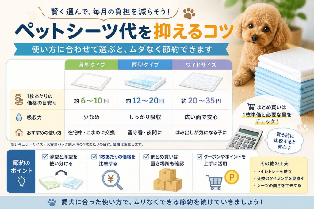 ペットシーツ代を抑えるコツとして、薄型タイプ・厚型タイプ・ワイドサイズの価格目安や使い方、まとめ買い前のチェックポイントを紹介した比較画像