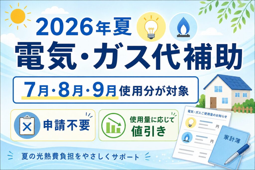 2026年夏の電気・ガス代補助について、7月・8月・9月使用分が対象で申請不要、使用量に応じて値引きされることを説明する図解画像