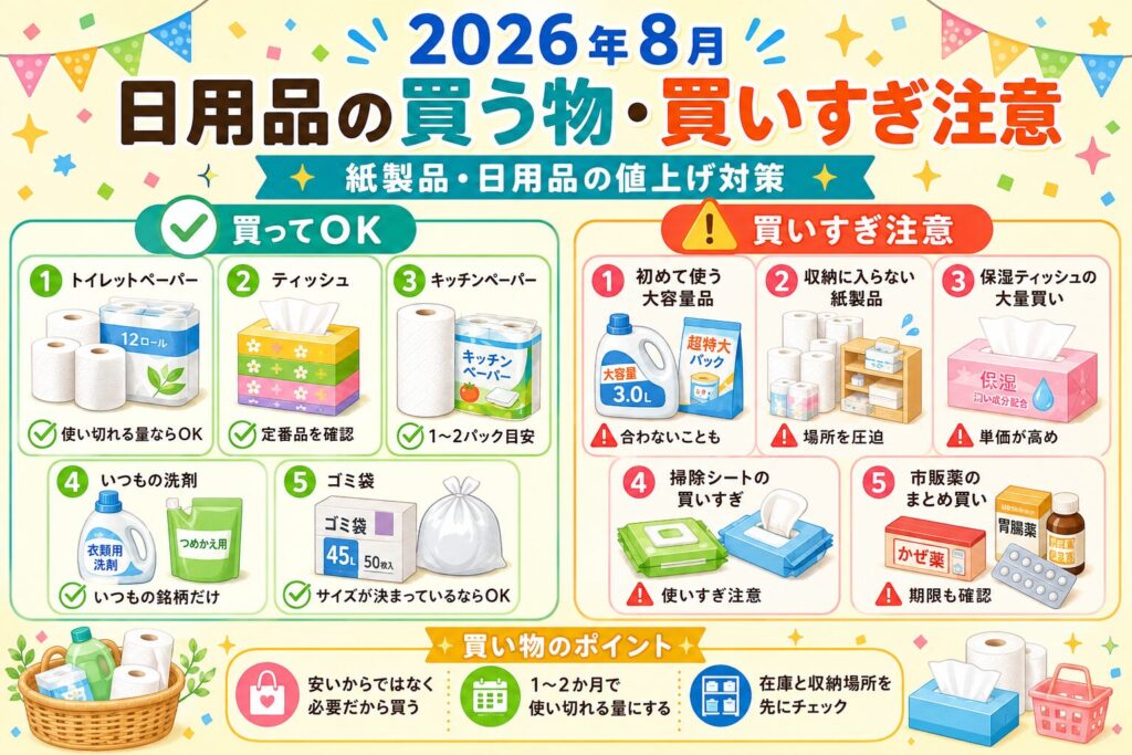 2026年8月の日用品値上げ対策として、買ってよい物と買いすぎに注意したい物を左右で比較したカラフルな図解画像。トイレットペーパー、ティッシュ、キッチンペーパー、洗剤、ゴミ袋などの買い方の目安をわかりやすくまとめている。