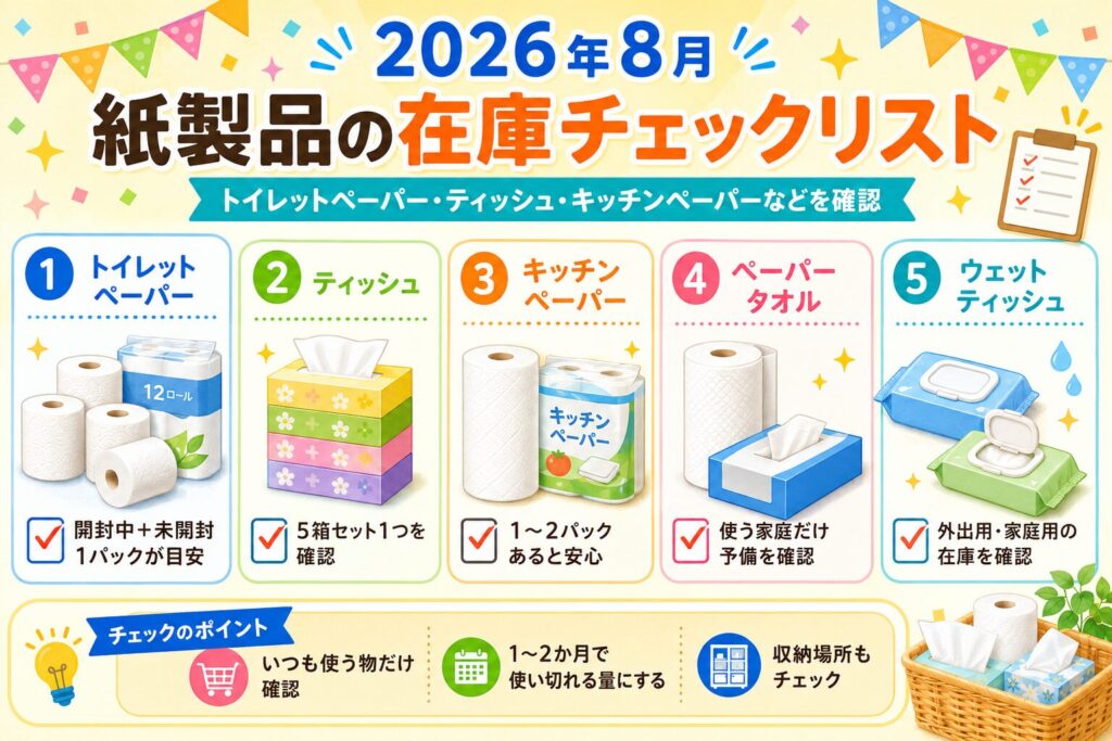 2026年8月の紙製品在庫チェックリストをまとめたカラフルな図解画像。トイレットペーパー、ティッシュ、キッチンペーパー、ペーパータオル、ウェットティッシュの確認ポイントを一覧で紹介している。