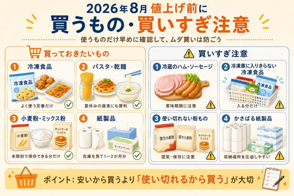 2026年8月の値上げ前に買っておきたいものと買いすぎ注意のものを比較した図解画像。冷凍食品、パスタ・乾麺、小麦粉・ミックス粉、紙製品は必要量を確認し、冷蔵品や収納を圧迫する商品は買いすぎに注意する内容。
