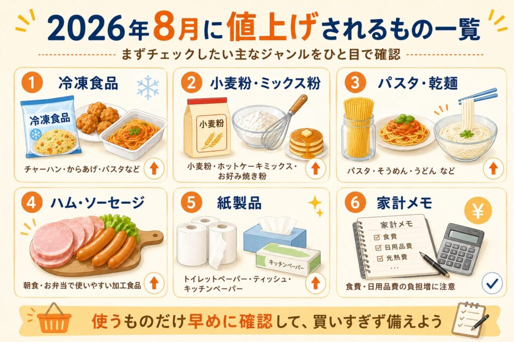 2026年8月に値上げされるもの一覧をまとめた図解画像。冷凍食品、小麦粉・ミックス粉、パスタ・乾麺、ハム・ソーセージ、紙製品、家計メモの6項目をイラスト付きで紹介。