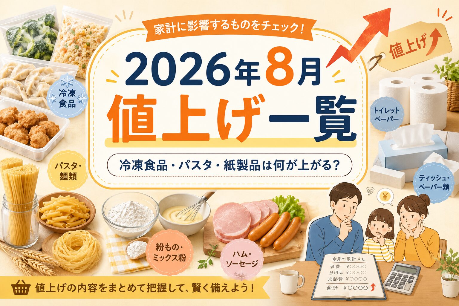 2026年8月の値上げ一覧を表すアイキャッチ画像。冷凍食品、パスタ、粉もの、ハム・ソーセージ、トイレットペーパー、ティッシュなど家計に影響しやすい商品と、家計メモを確認する家族のイラスト。