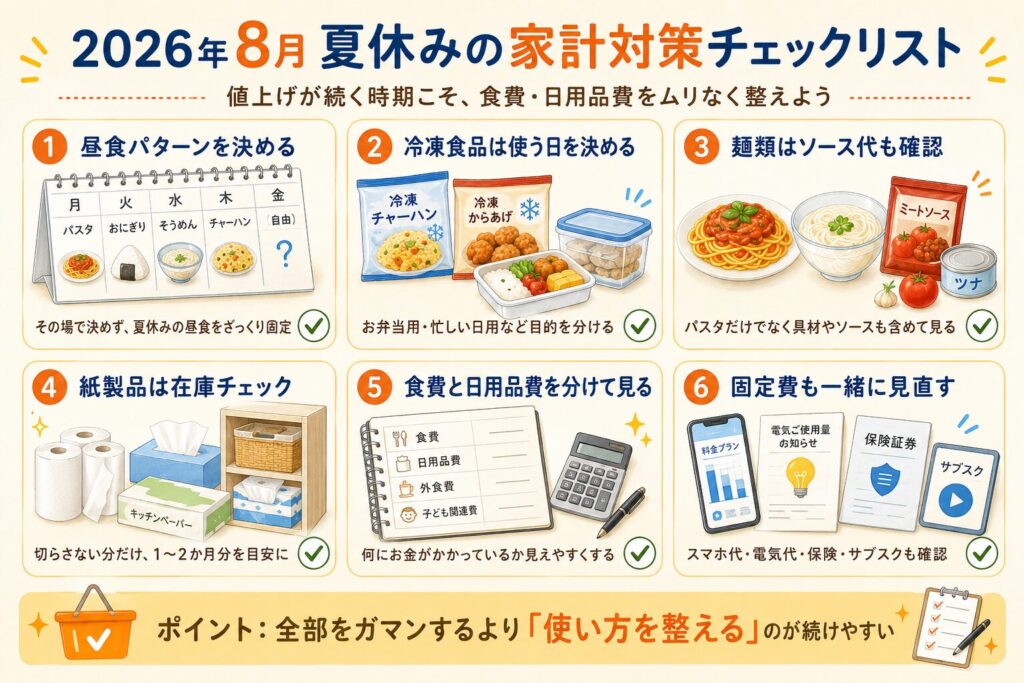 2026年8月の夏休み家計対策チェックリストをまとめた図解画像。昼食パターン、冷凍食品の使い方、麺類のソース代、紙製品の在庫、食費と日用品費の管理、固定費の見直しを6項目で紹介。