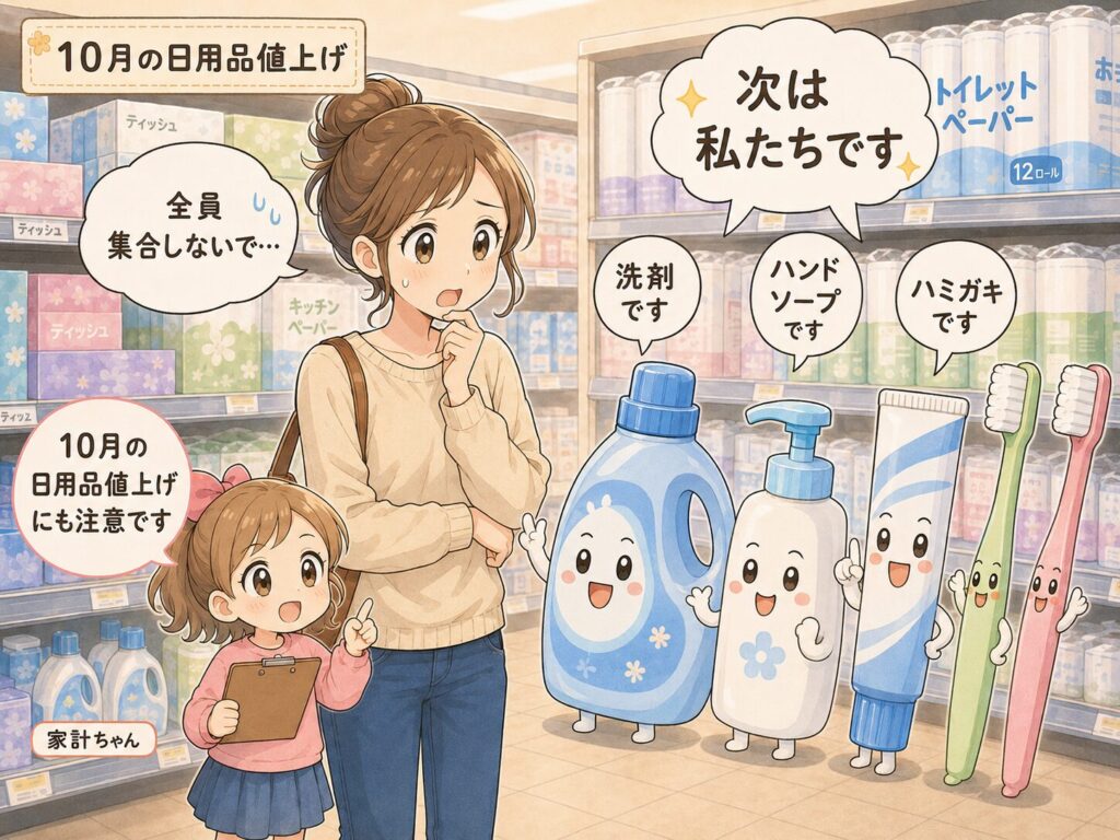 10月の日用品値上げを前に、洗剤、ハンドソープ、ハミガキ、歯ブラシなどの日用品キャラが「次は私たちです」と並び、困った表情のママと家計ちゃんが見つめるマンガ風イラスト。
