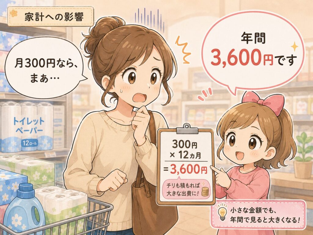 月300円の負担増なら大丈夫そうと考えるママに、家計ちゃんが「年間3,600円です」と伝え、日用品値上げの積み重なりを説明するマンガ風イラスト。