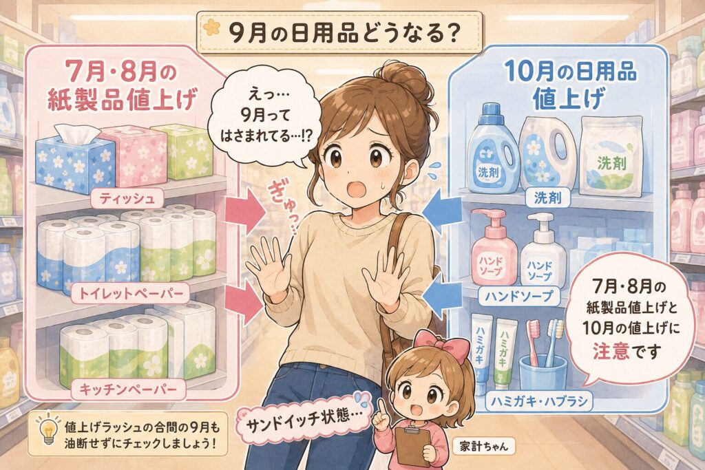 2026年9月の日用品値上げをテーマに、7月・8月の紙製品値上げと10月の日用品値上げに挟まれて困るママを、家計ちゃんが解説するマンガ風イラスト。