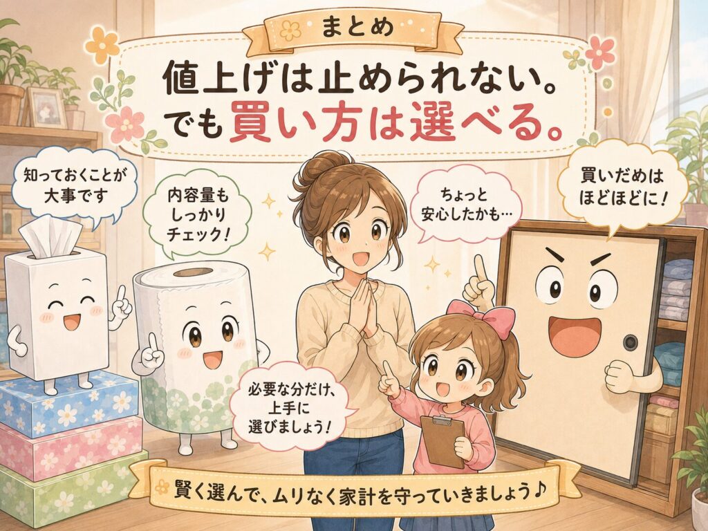 ママ、家計ちゃん、ティッシュ氏、トイレットペーパー氏、押し入れさんが集合し、「値上げは止められない。でも買い方は選べる。」と前向きに締めくくるマンガ風イラスト。